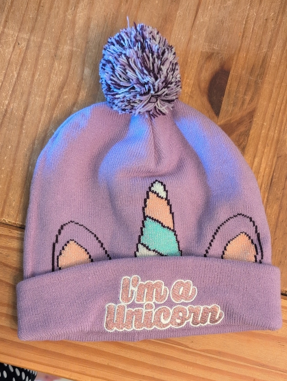 Adult Lavender Knit  "I'm a Unicorn" Hat W/Pom-Pom, One Size